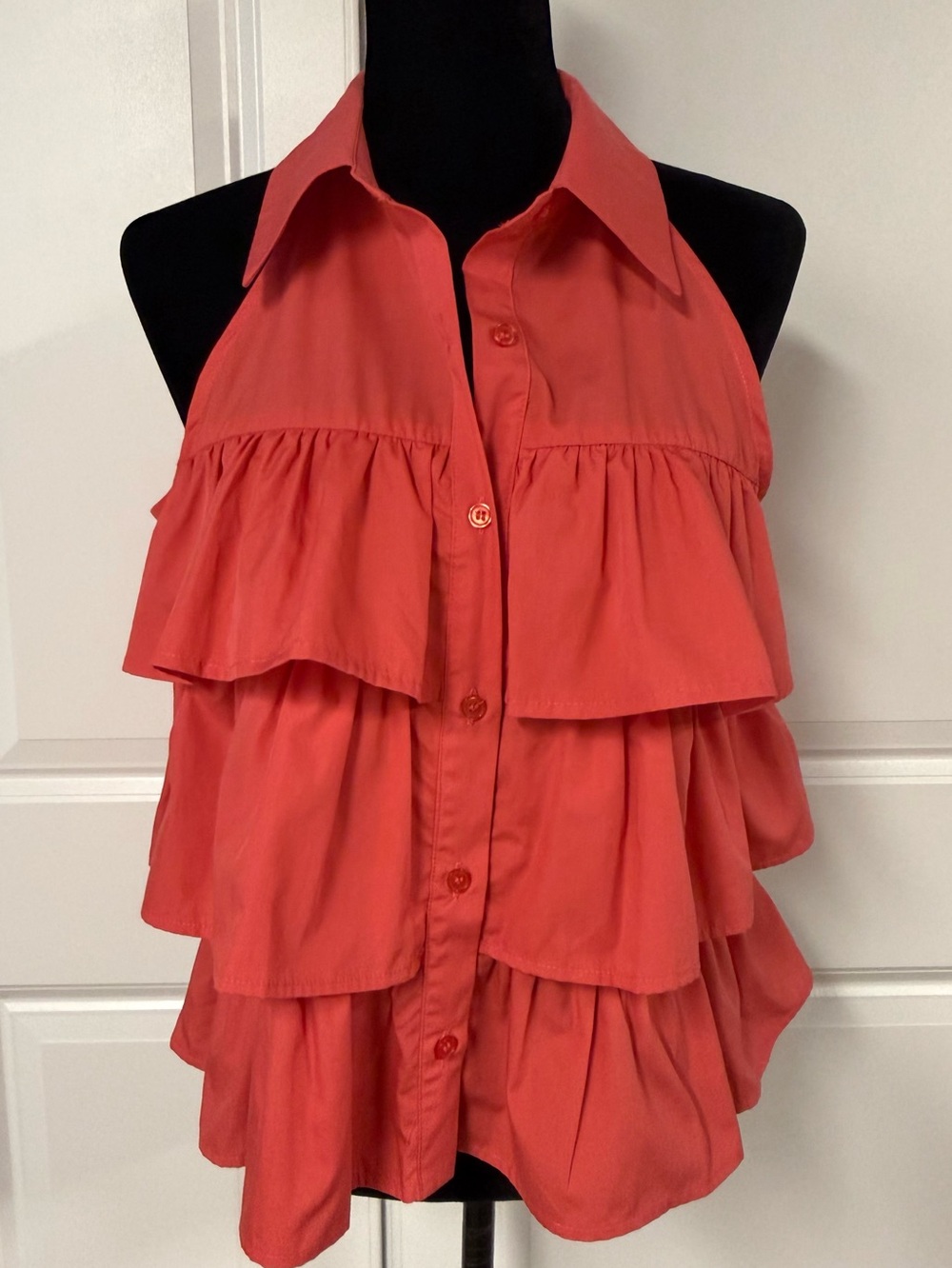 Womens Red Tiered Ruffle Halter Blouse